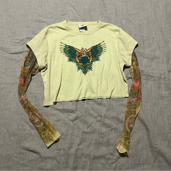 Harley-Davidson Motorcycles Cream Graphic Crop T-Shirt sleeve tattoos size Large - Picture 2 of 9